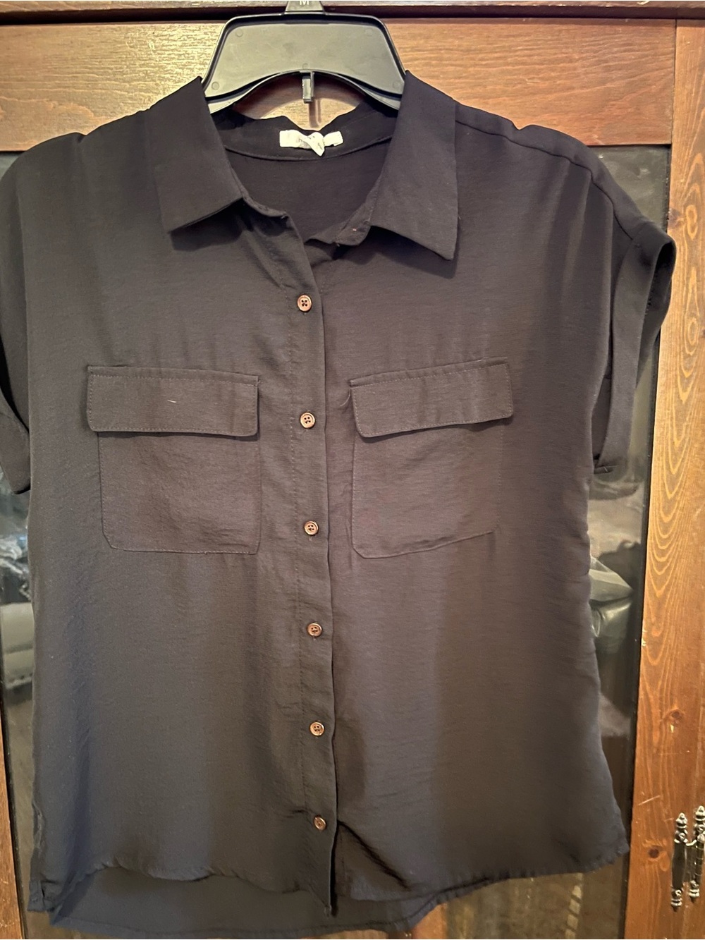 Maurices Black Short Sleeve Button-Down Pocket Blouse - Picture 1 of 3
